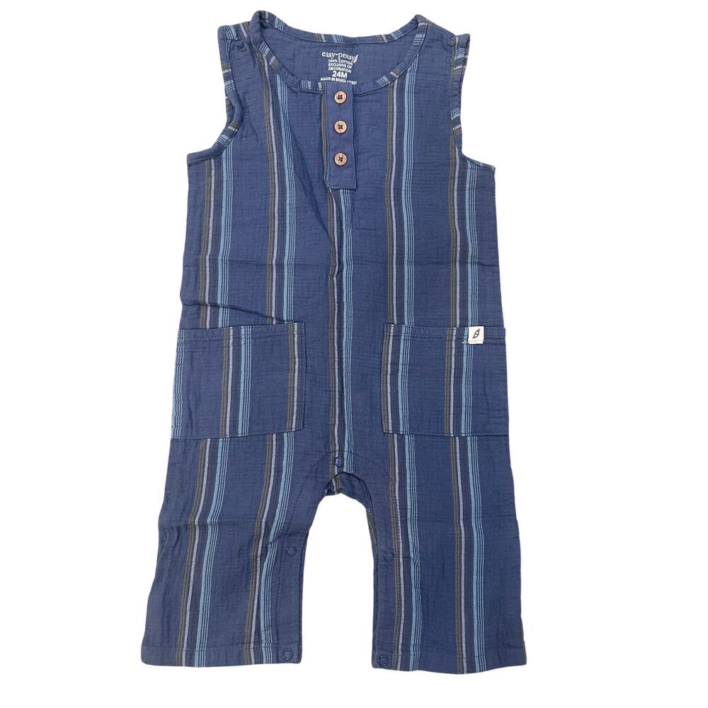 Easy-Peasy 100% Cotton Gauze Muslin Striped Sleeveless One Piece Blue 24M